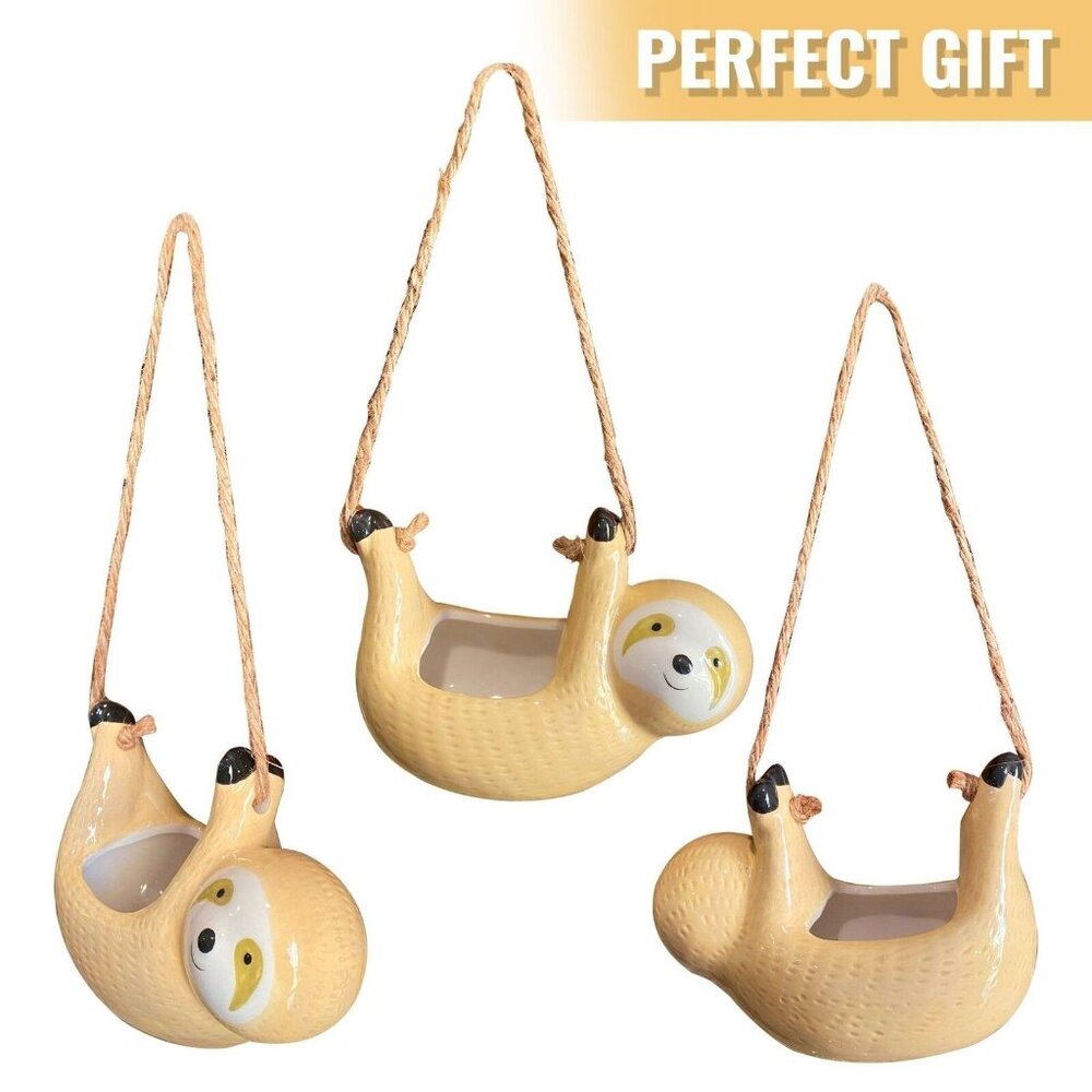 Ceramic Sloth Air-Plant Holder • Beige Sloth Planter • Cute Succulent Pot
